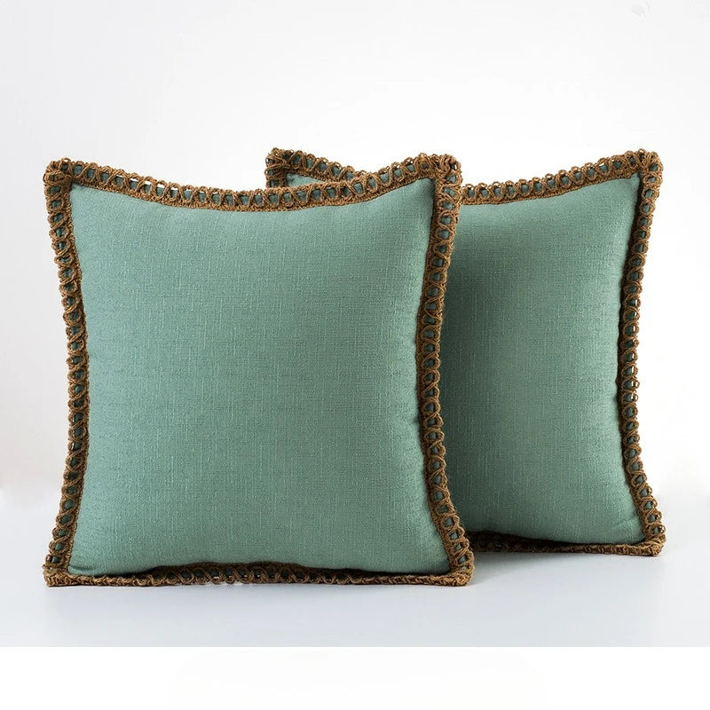 Solid Color Cotton Linen Pillow Cover with Jute Rope Trim Boho Decorative 45x45cm Cushion Pillow Case for Sofa Bed Living Room
